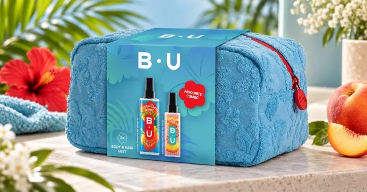 B.U Brazilian Soul + Peach Mimosa подаръчен комплект: боди мист 200 ml + боди мист 100 ml + несесер B.U Brazilian Soul + Peach Mimosa подаръчен комплект: боди мист 200 ml + боди мист 100 ml + несесер