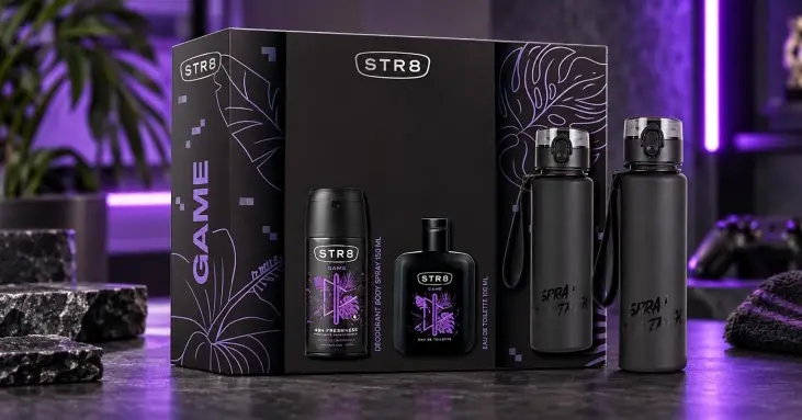 STR8 GAME подаръчен комплект с тоалетна вода 100 ml, део спрей 150 ml и бутилка за вода