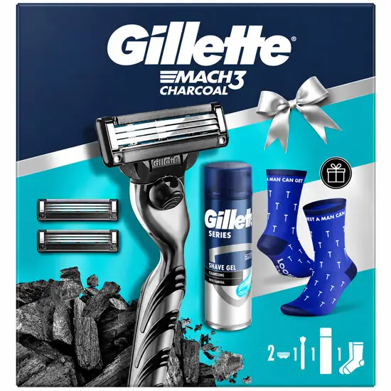 Gillette Mach3 Charcoal подаръчен комплект за бръснене с гел 200 ml и чорапи